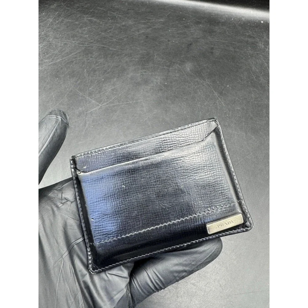 Prada Milano Chrome Plaque Leather Mens Black Card Holder Wallet Authentic